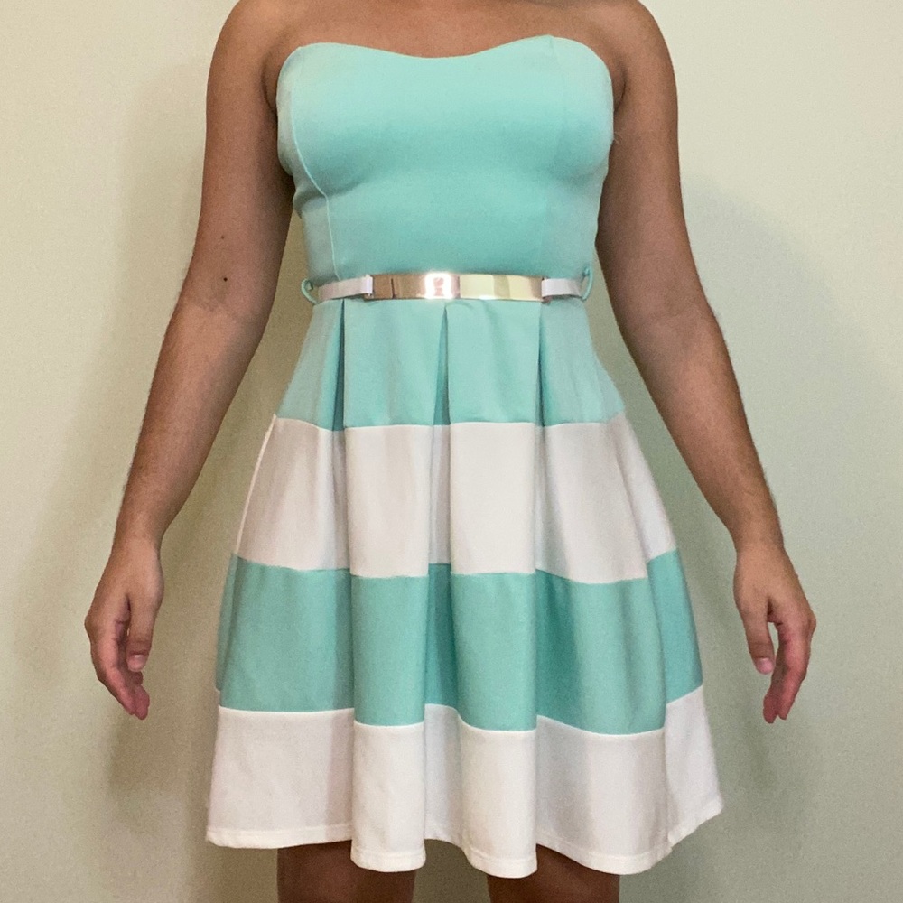 Teal & White Stripe Homecoming/Prom Dress